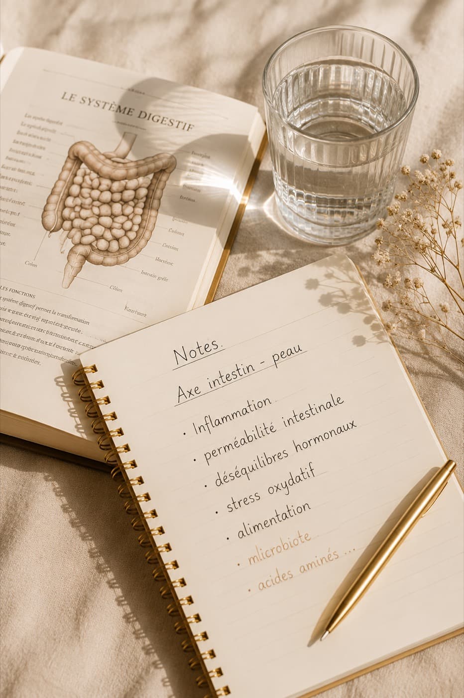 Carnet de notes sur l'axe intestin-peau et les déséquilibres hormonaux