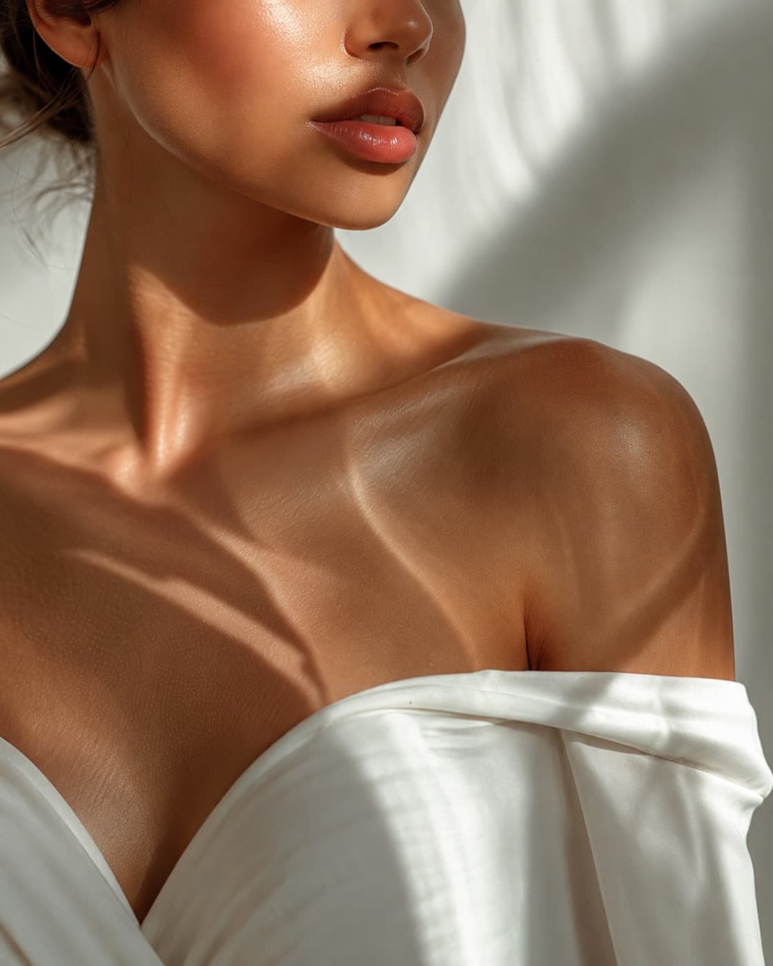 Peau du cou et des épaules en lumière naturelle douce